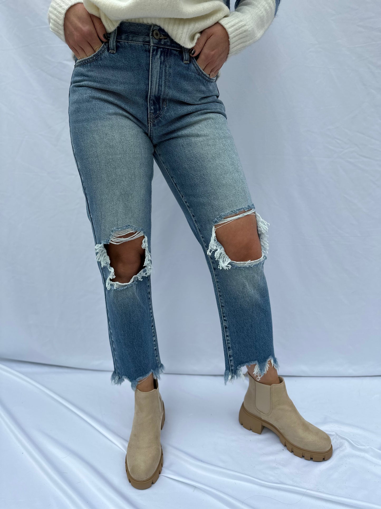 Jenny High Rise Chewed Up Mom Jean