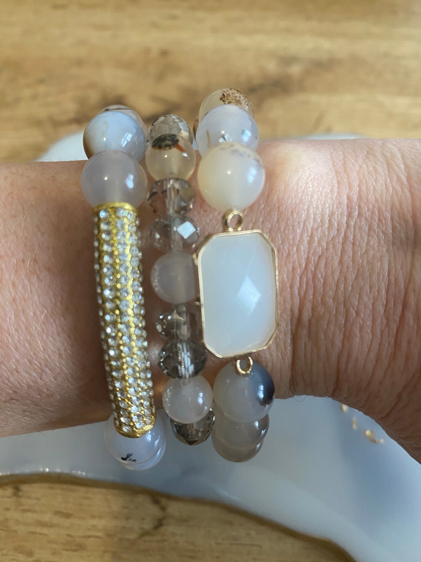 Light gray Glass 3 bead bracelets