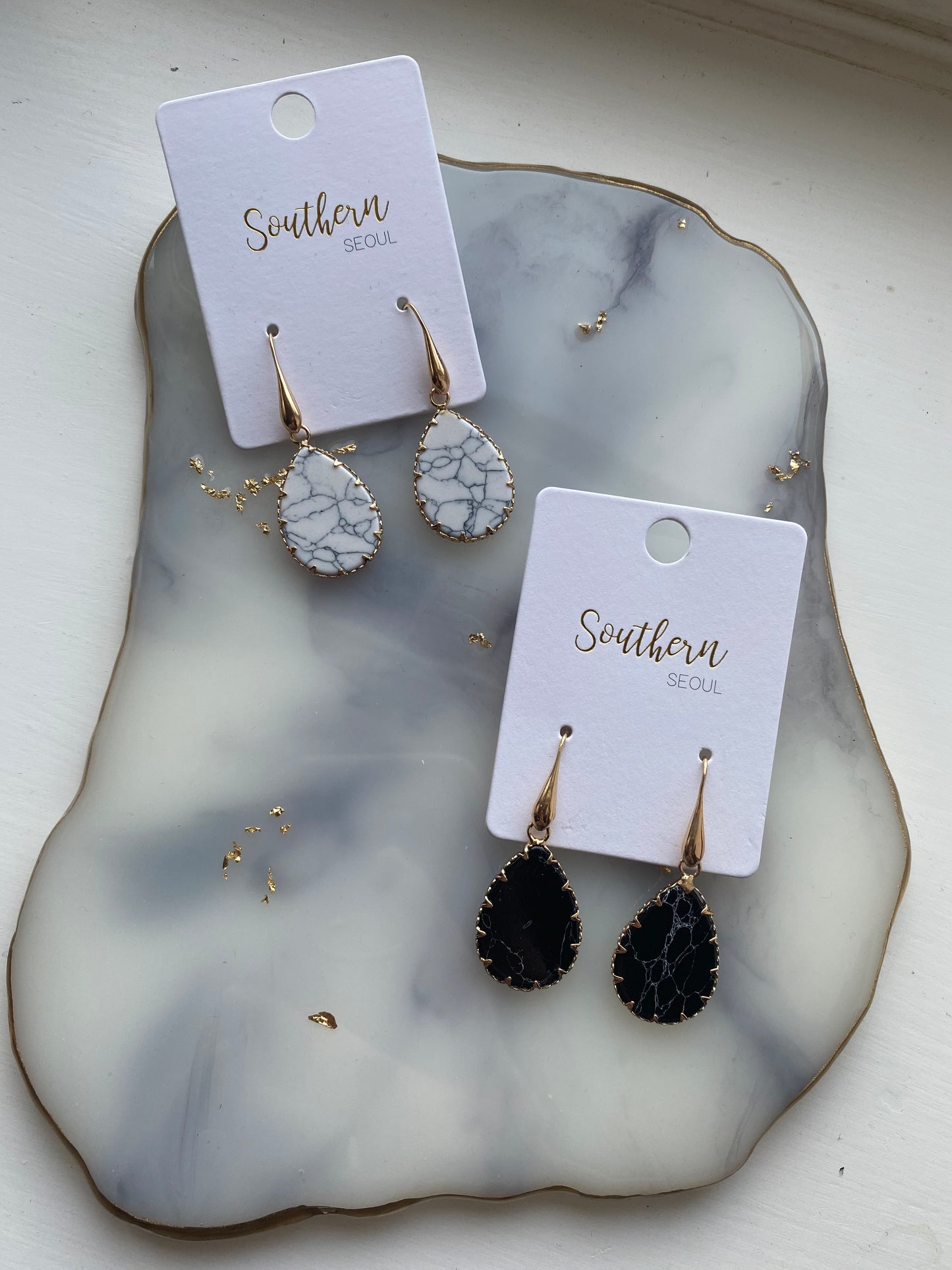 White Marble earrings with Gold setting