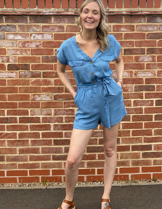 Allison Belted Chambray Romper