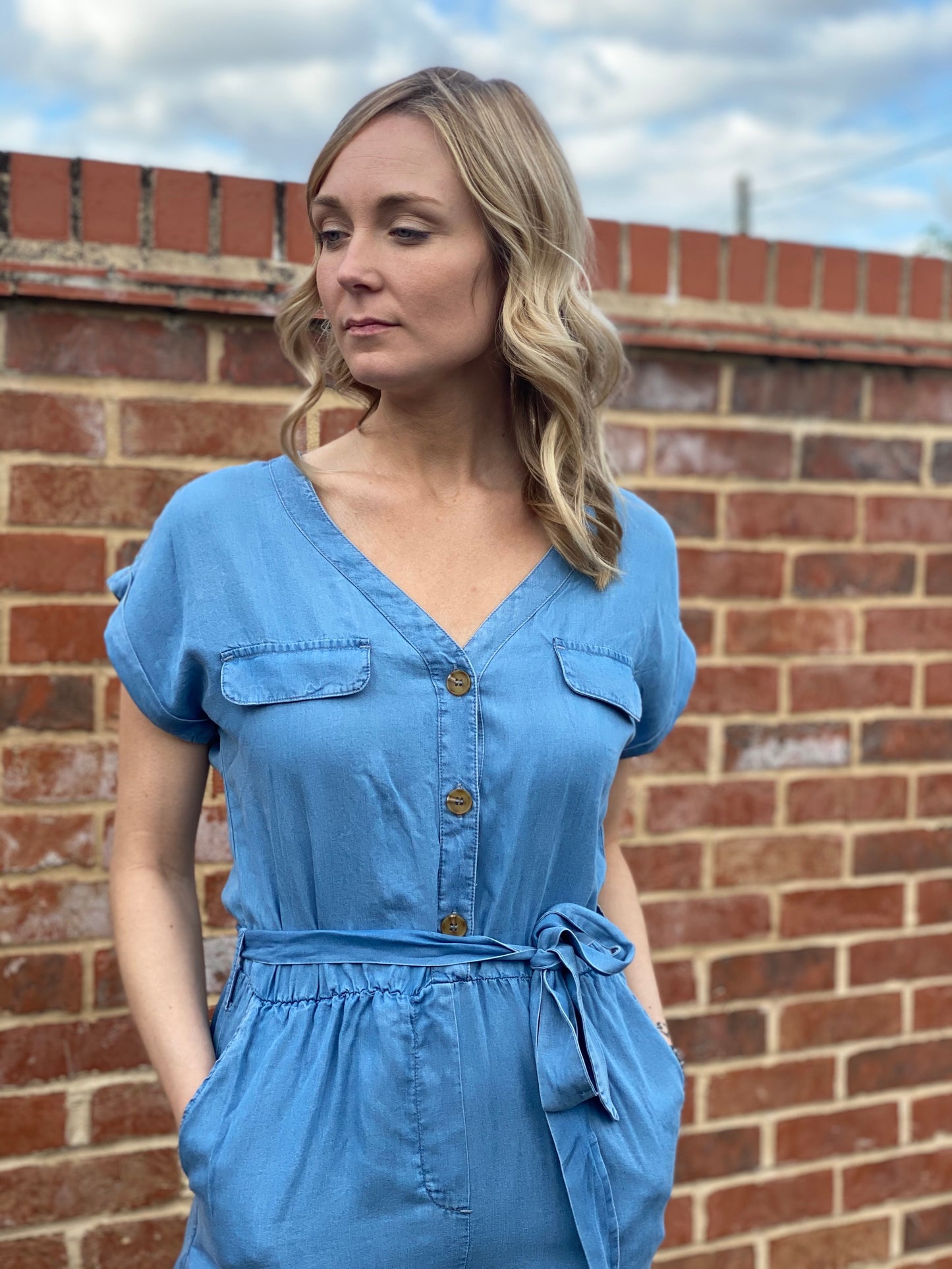 Allison Belted Chambray Romper